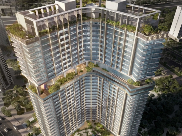 Artist's rendering of Rove Homes, an off-plan project in Business Bay, Marasi Drive, showcasing modern architecture and waterfront living.