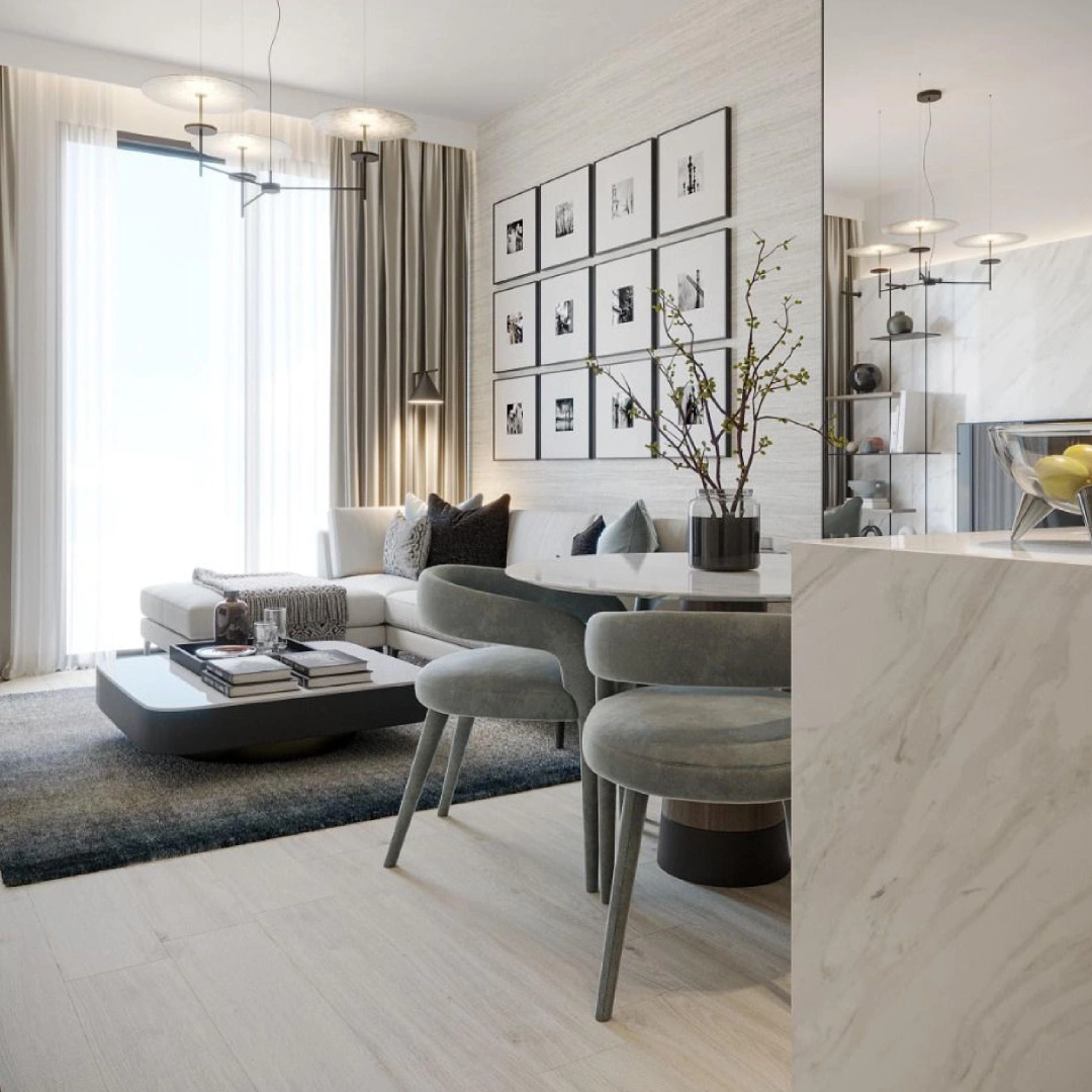 Artist's rendering of Rove Homes, an off-plan project in Business Bay, Marasi Drive, showcasing modern architecture and waterfront living.