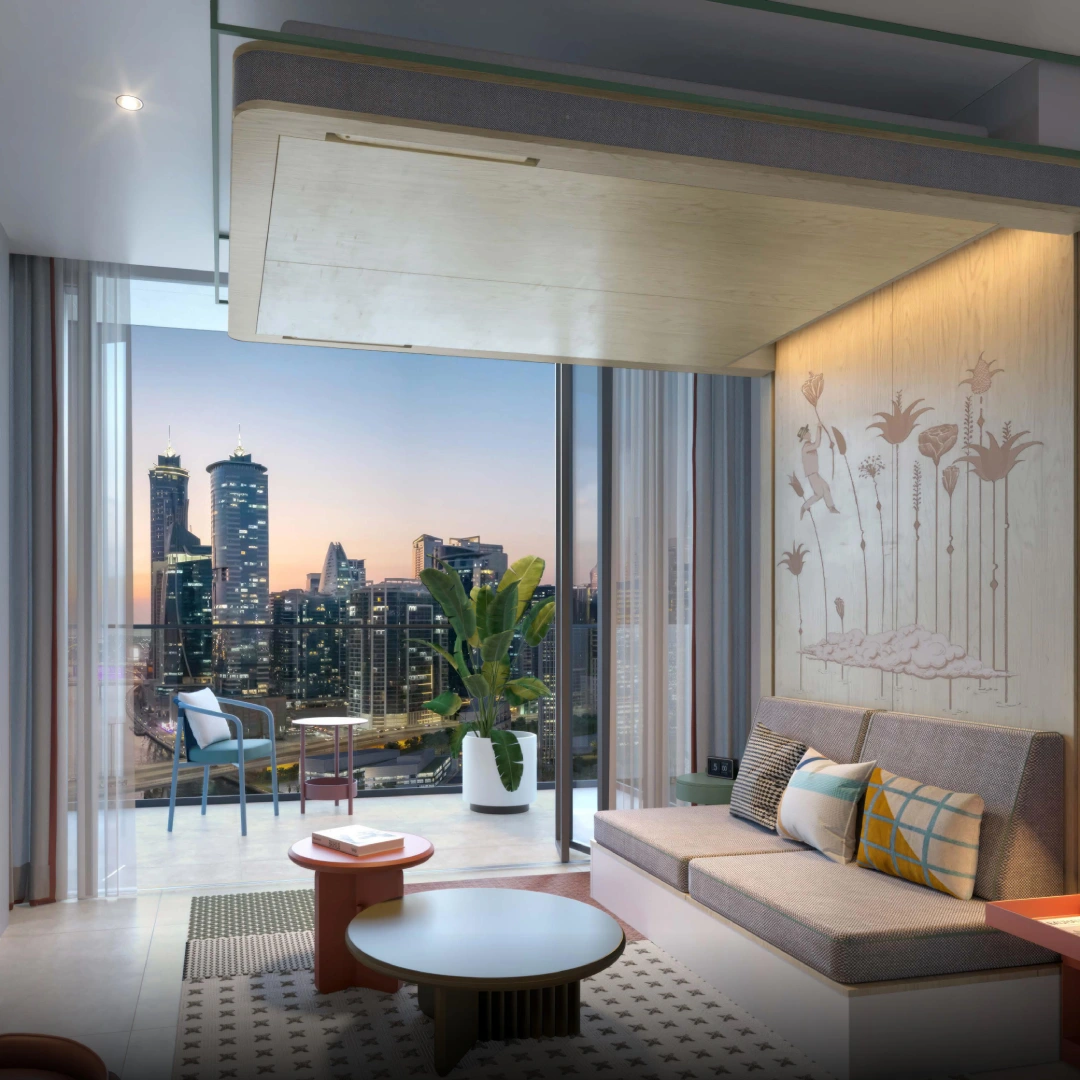 Artist's rendering of Rove Homes, an off-plan project in Business Bay, Marasi Drive, showcasing modern architecture and waterfront living.