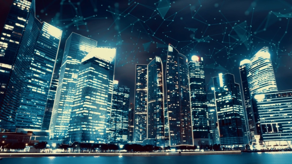 Image of combining towers and communications: "A fusion of towers and tech, emblematic of Dubai's burgeoning digital landscape."