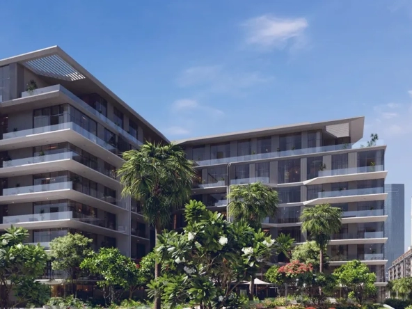 Verve Citywalk by Meraas exterior view featuring modern low-rise buildings, lush landscaped gardens, and a vibrant urban setting in Dubai.