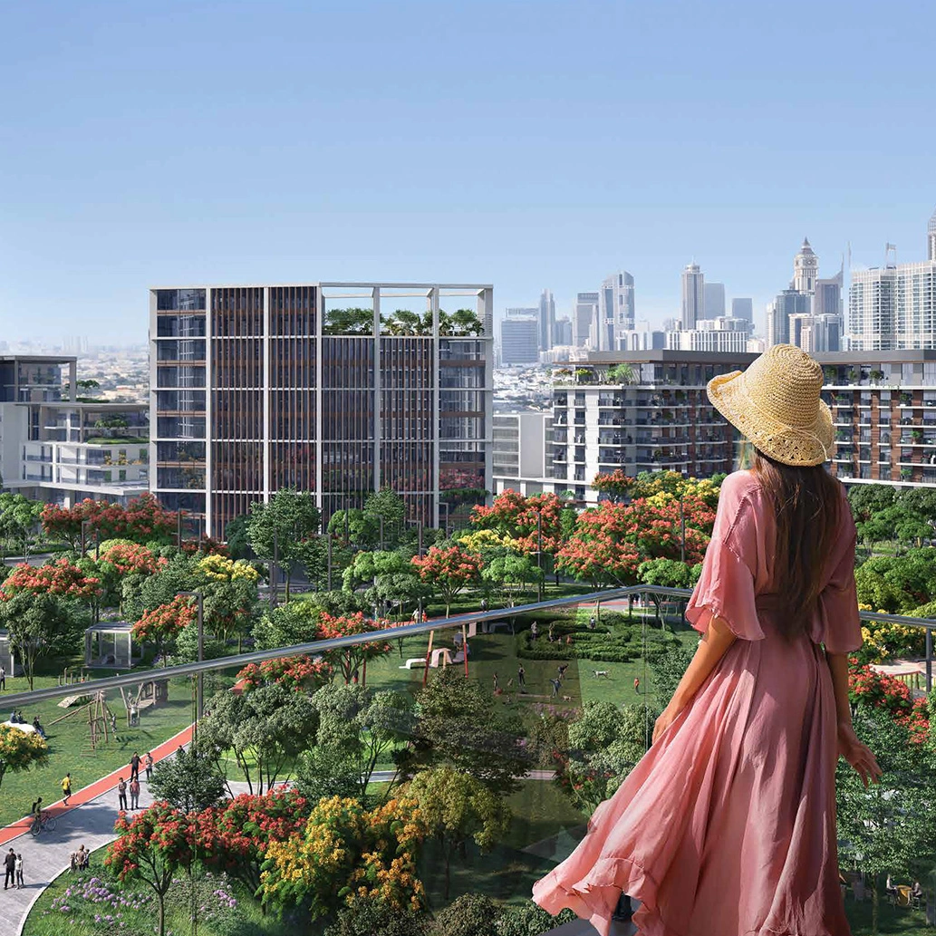 Verve Citywalk by Meraas exterior view featuring modern low-rise buildings, lush landscaped gardens, and a vibrant urban setting in Dubai.